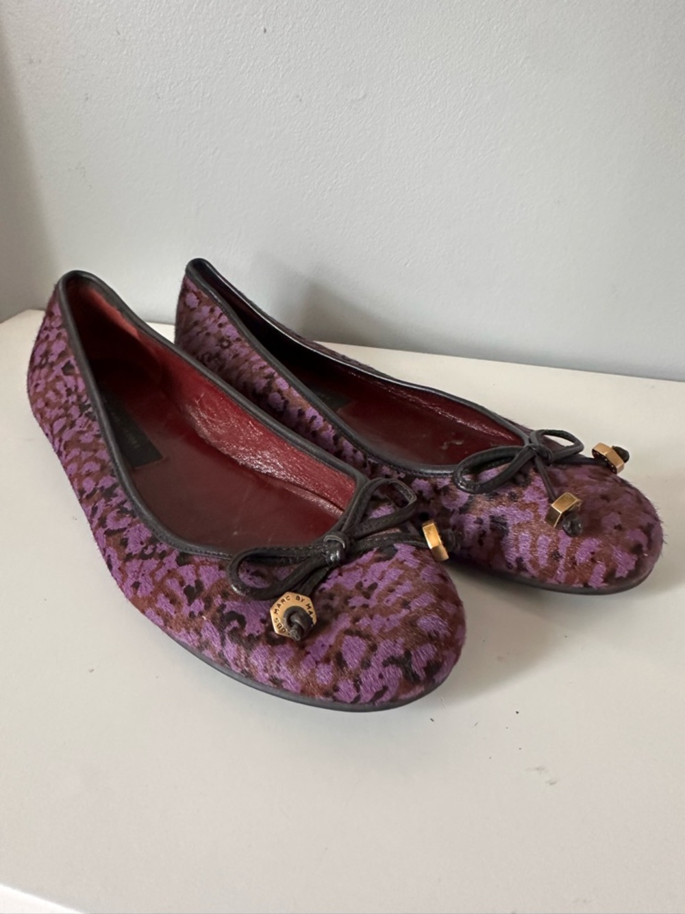 Marc By Marc Jacobs Purple Leopard Ballet Flats with Bow & Gold Accents